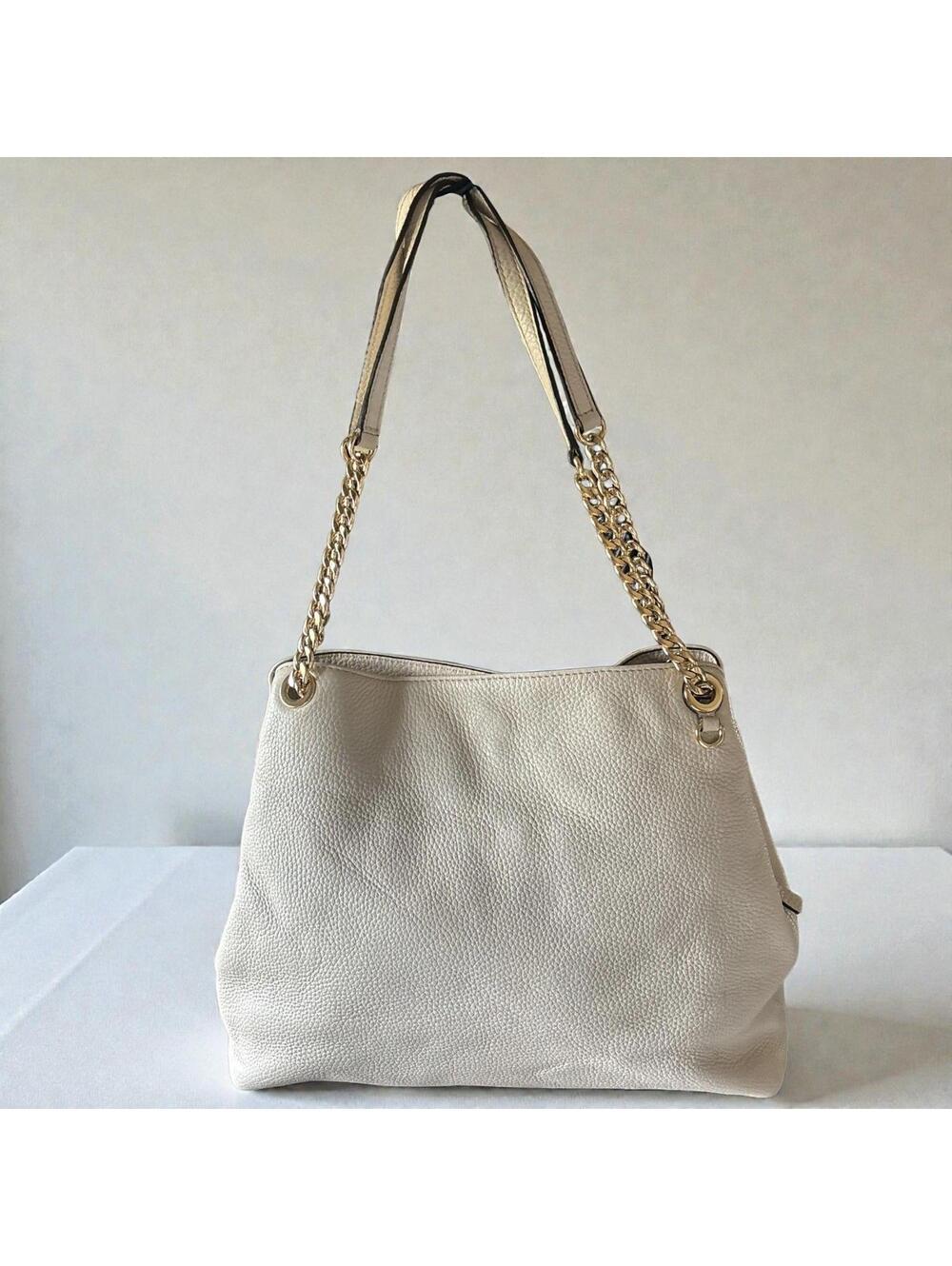 Michael Kors Raven Large Cream Pebbled Leather Shoulder Bag Tote Gold Chain